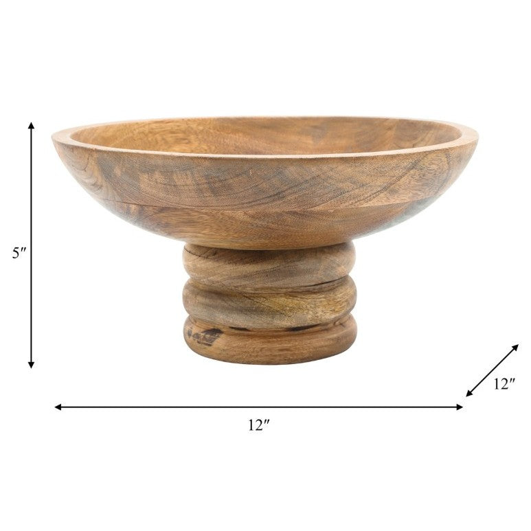 Brown Wood Bowl with Ribbed Base 12"W x 5"H