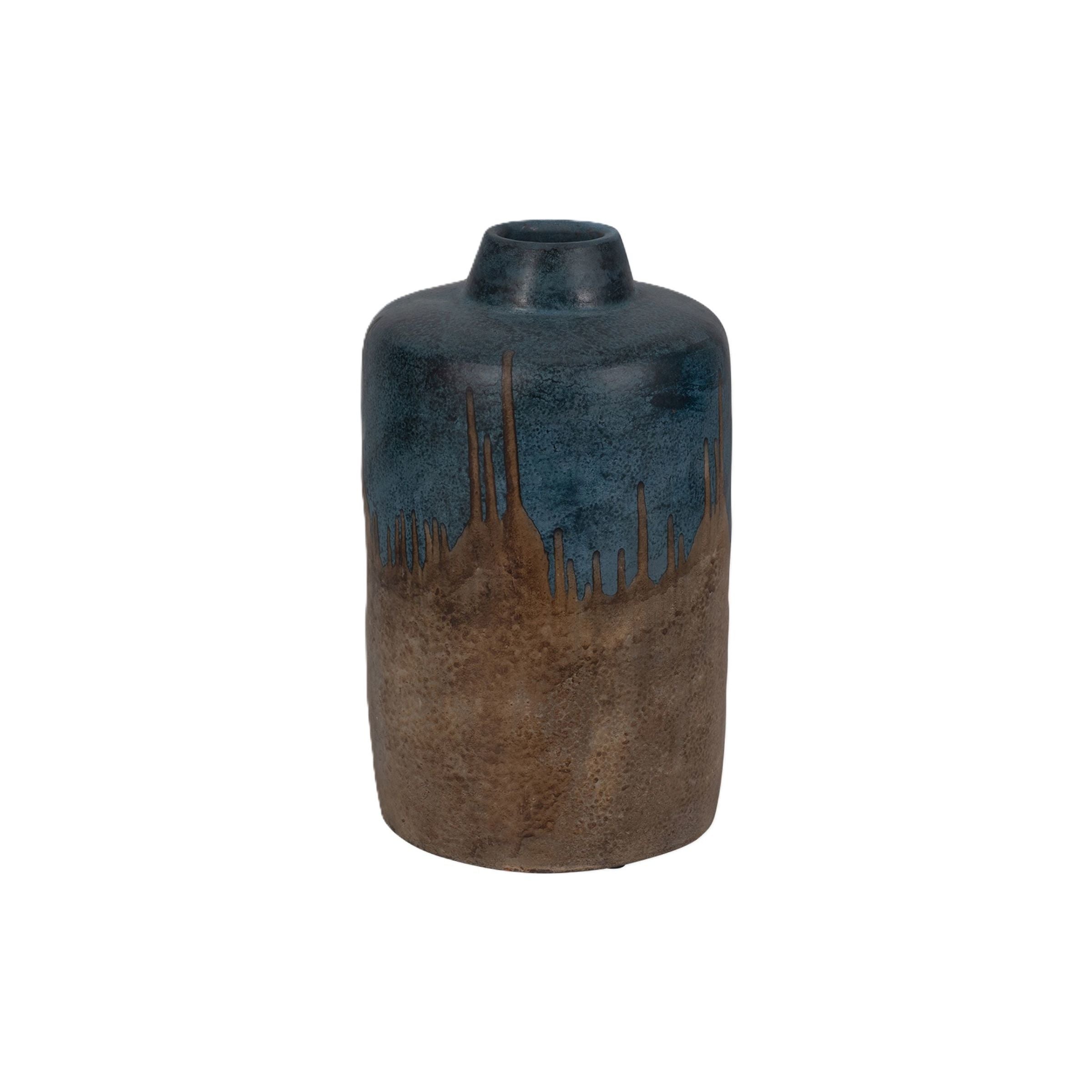 Tall Blue and Brown Terracotta Vase 8"W x 14"H