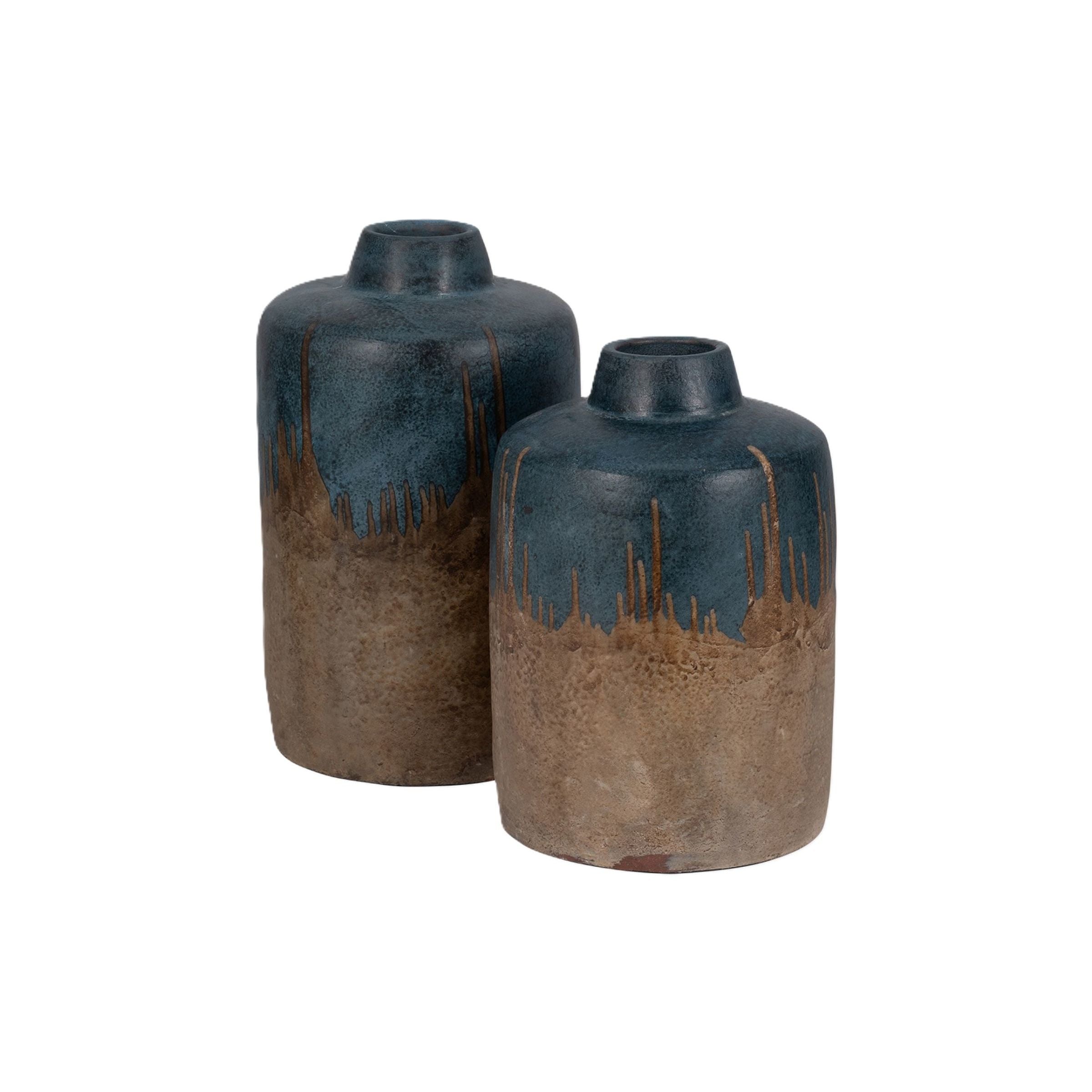 Tall Blue and Brown Terracotta Vase 8"W x 14"H