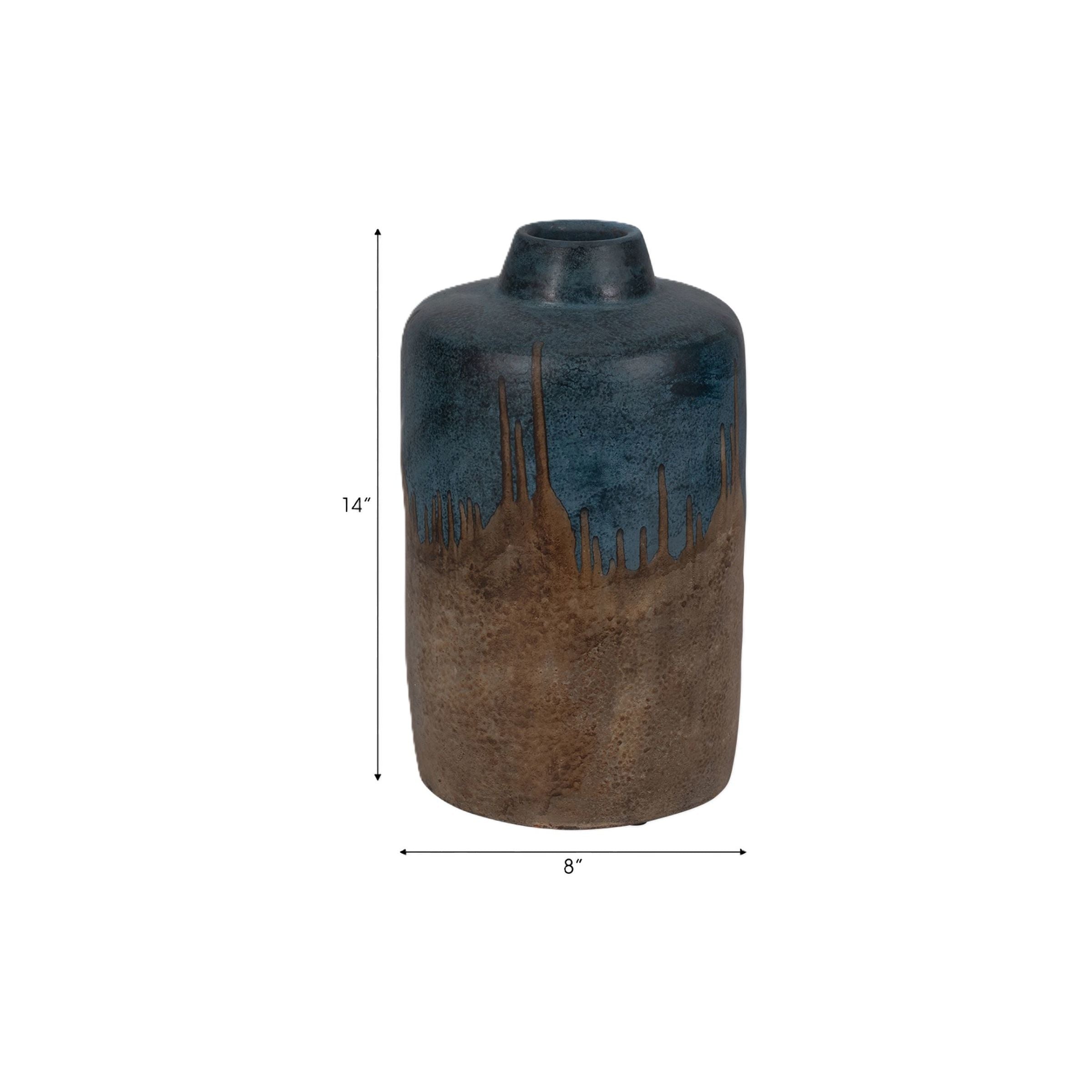 Tall Blue and Brown Terracotta Vase 8"W x 14"H