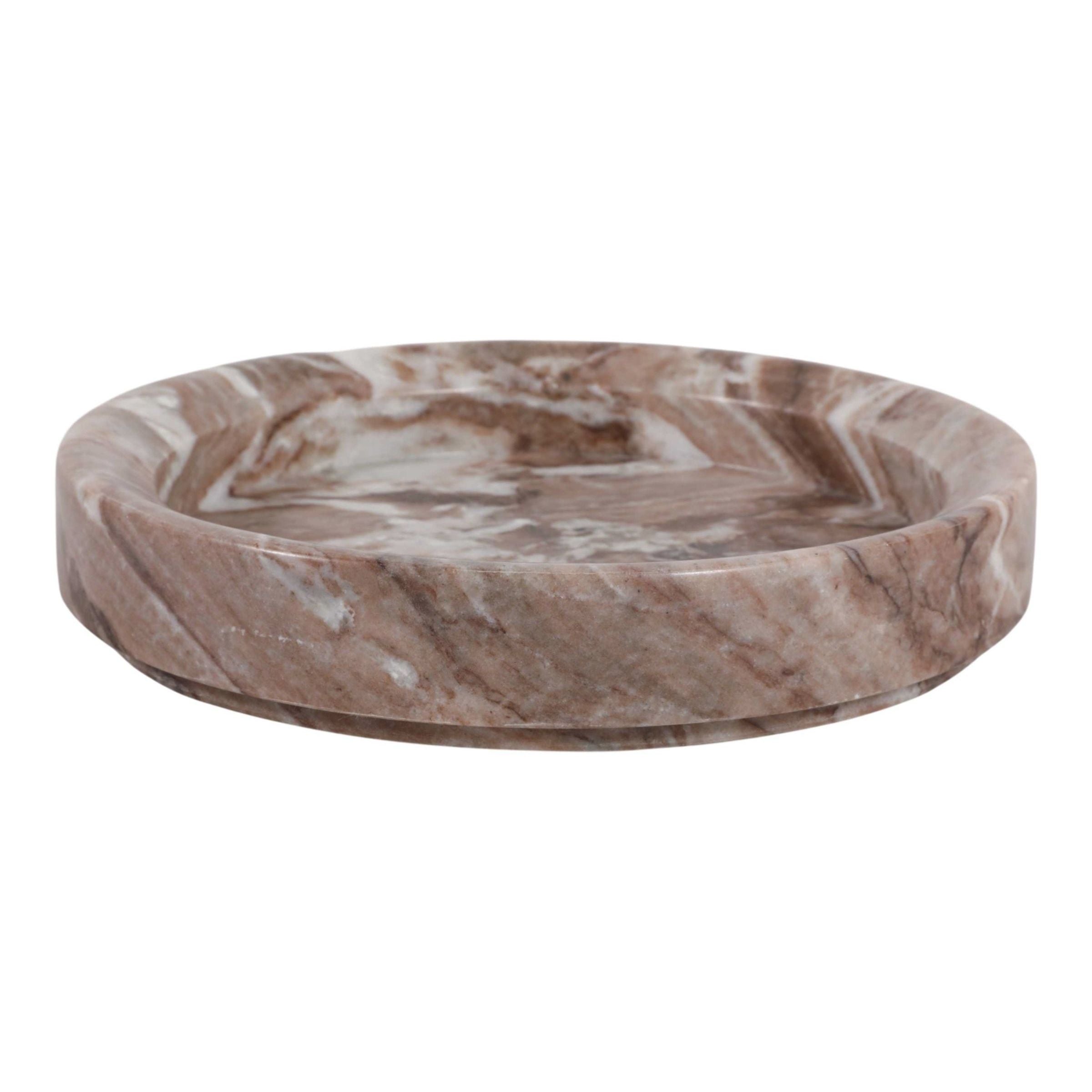Round brown marble tray with raised rim.