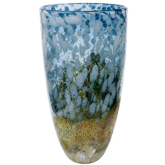 Tall Blue and Gold Glass Vase 6"W x 12"H