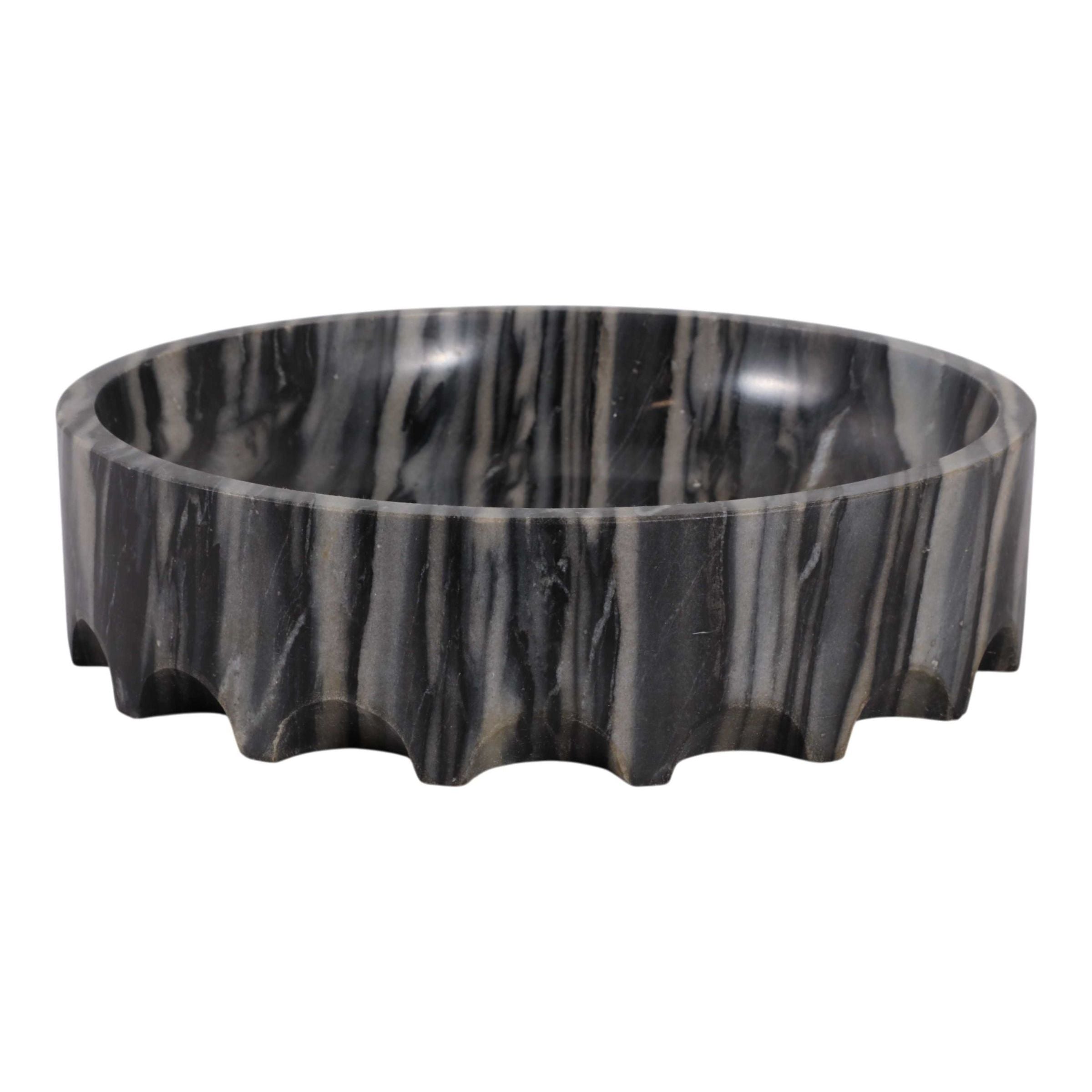 Round black and gray marble bowl with grooved sides.