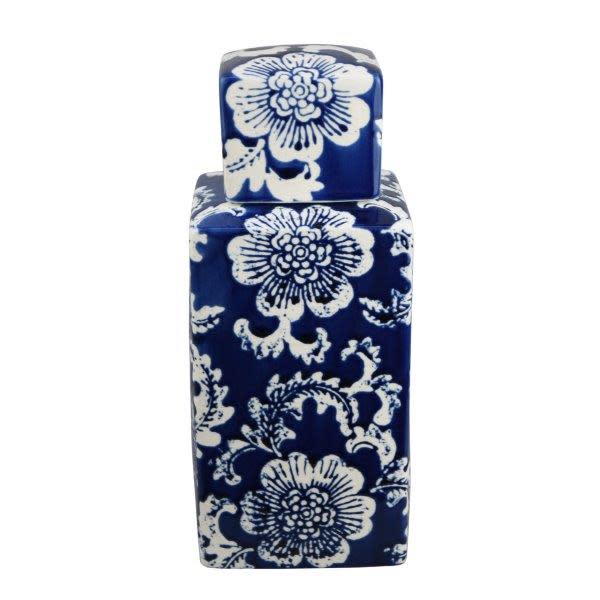 Large Blue and White Floral Ceramic Jar With Lid 5"W x 11"H