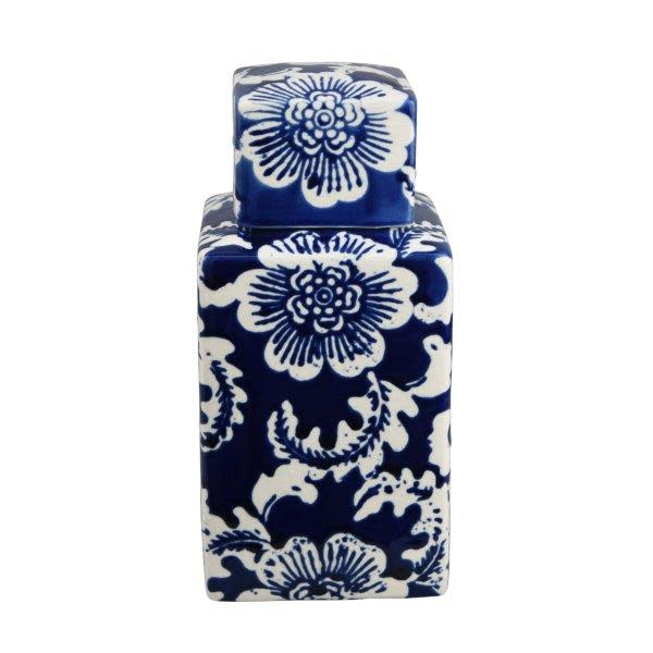 Small Blue and White Floral Ceramic Jar With Lid 4"W x 9"H