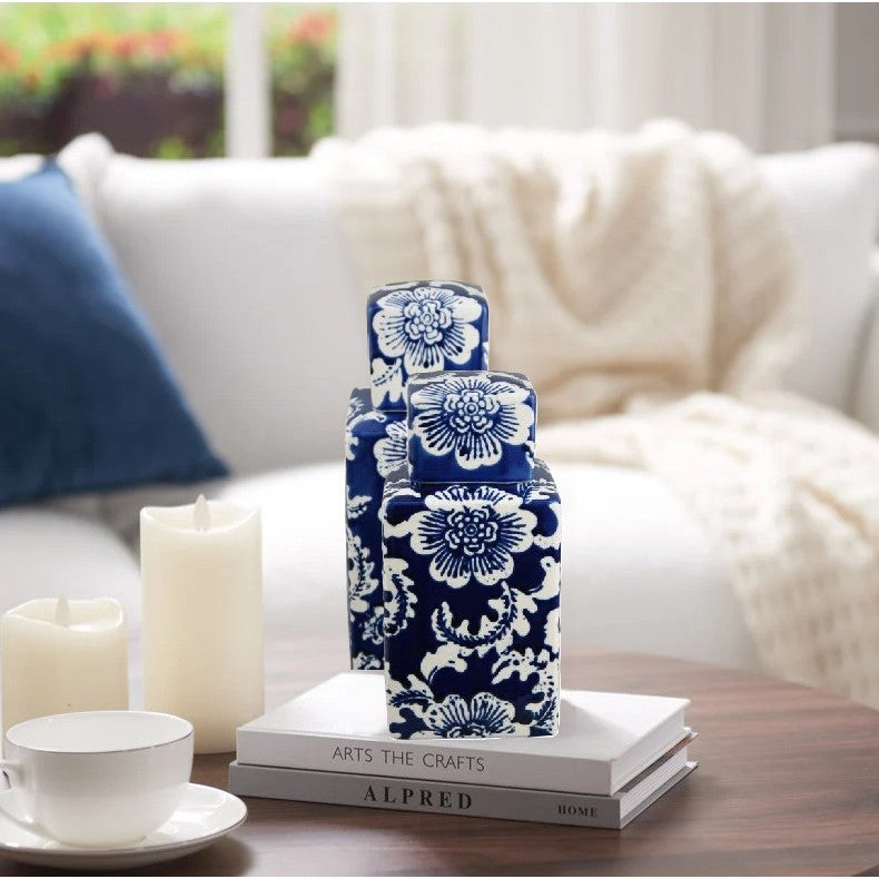 Small Blue and White Floral Ceramic Jar With Lid 4"W x 9"H