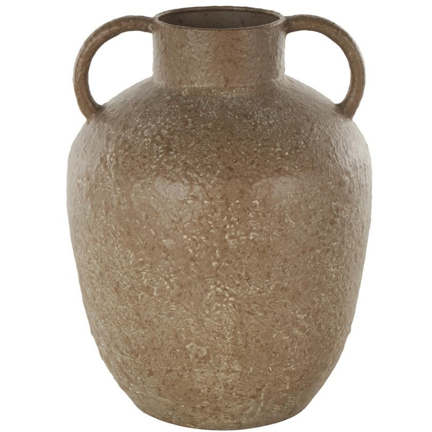 Short Antique Brown Iron Handled Vase 9"W x 12"H