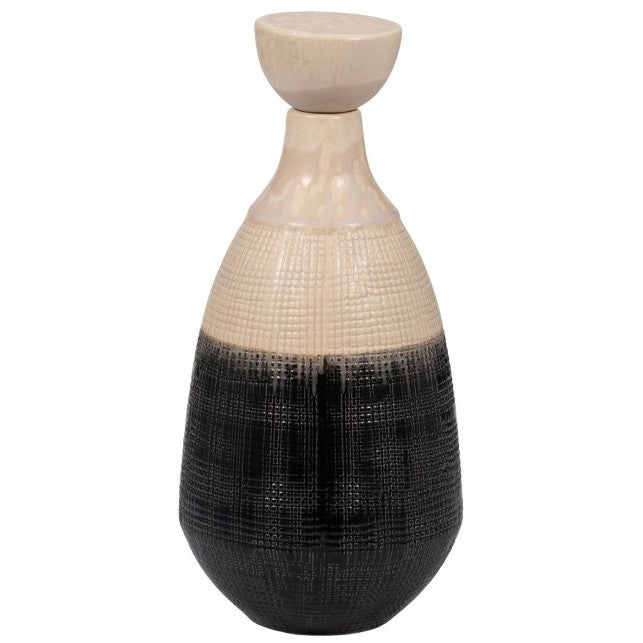 Tall Cream and Black Ceramic Jar with Lid 8"W x 15"H
