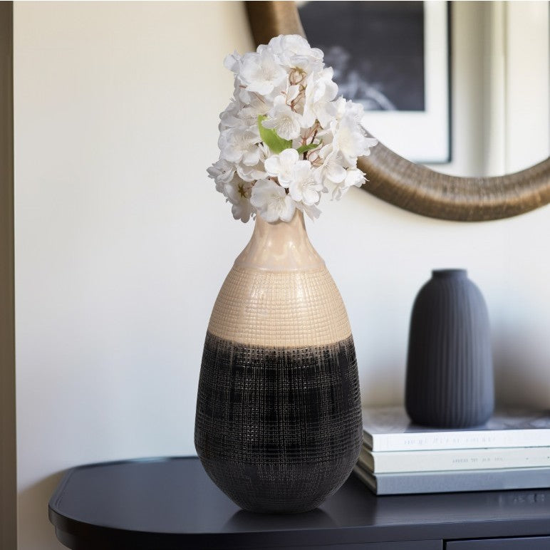 Tall Cream and Black Ceramic Jar with Lid 8"W x 15"H