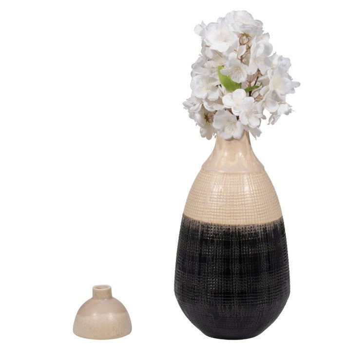 Tall Cream and Black Ceramic Jar with Lid 8"W x 15"H