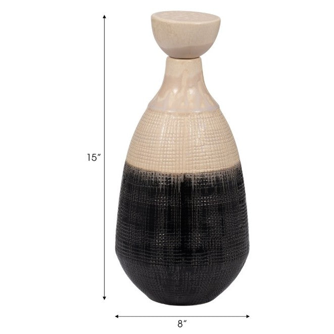 Tall Cream and Black Ceramic Jar with Lid 8"W x 15"H