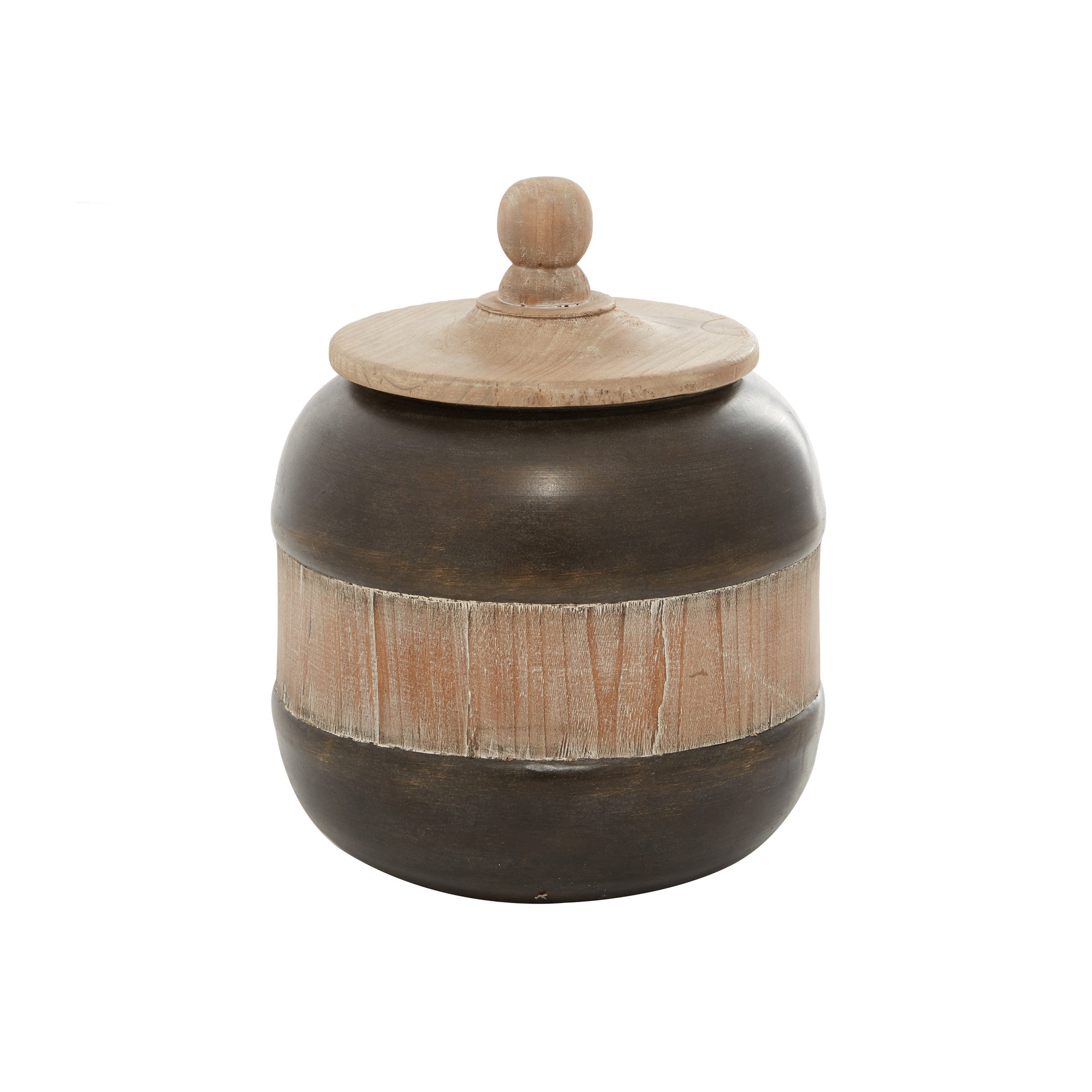 Small Bronze Metal and Wood Jar with Wood Lid 9"W X 11"H