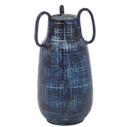 Small Blue Handled Ceramic Vase 6"W x 13"H