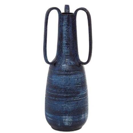 Large Blue Handled Ceramic Vase 7"W x 17"H
