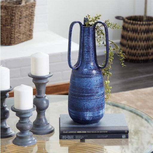Large Blue Handled Ceramic Vase 7"W x 17"H