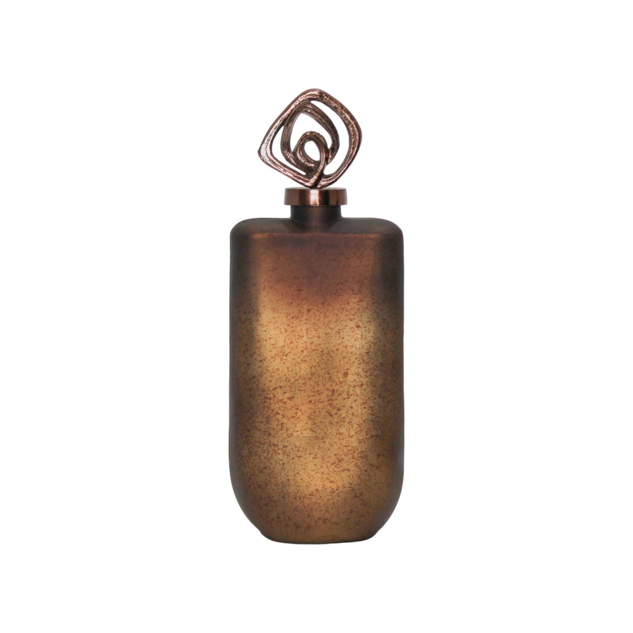 Metallic brown vase with geometric spiral lid, modern decorative style.
