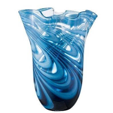 Tall Blue Swirl Glass Vase 9"W x 11.5"H