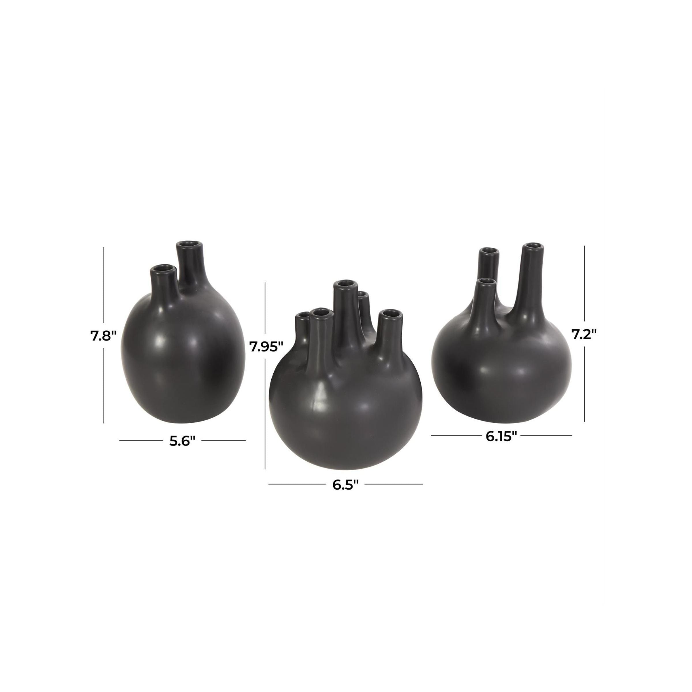Set of 3 Black Ceramic Bud Vase 6"W x 6/7/8"H