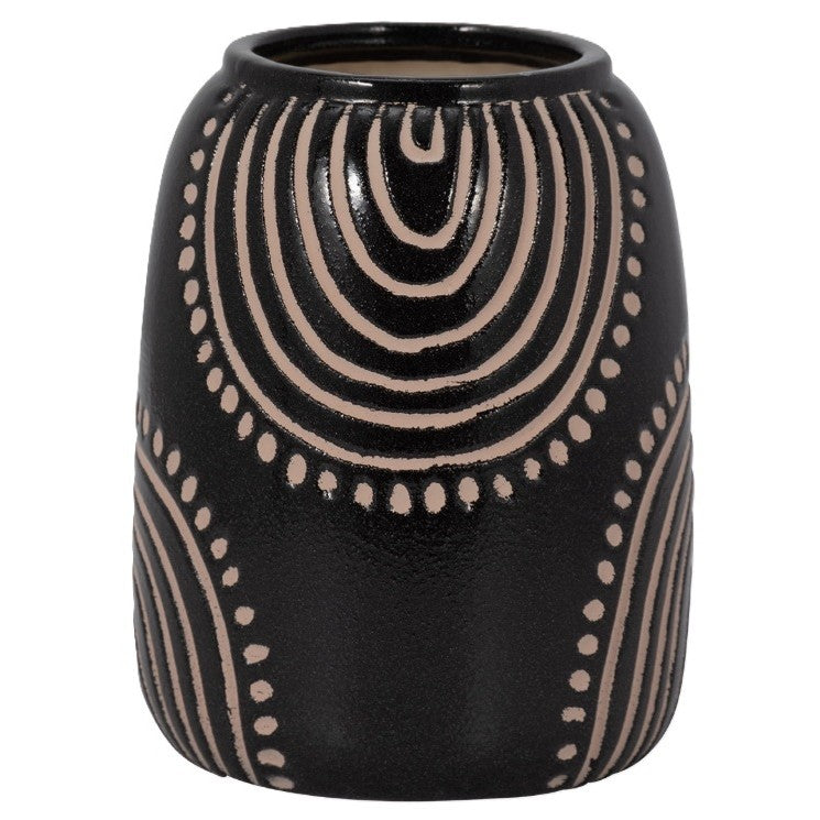 Tall Black and Tan Tribal Ceramic Vase 7"W x 9"H