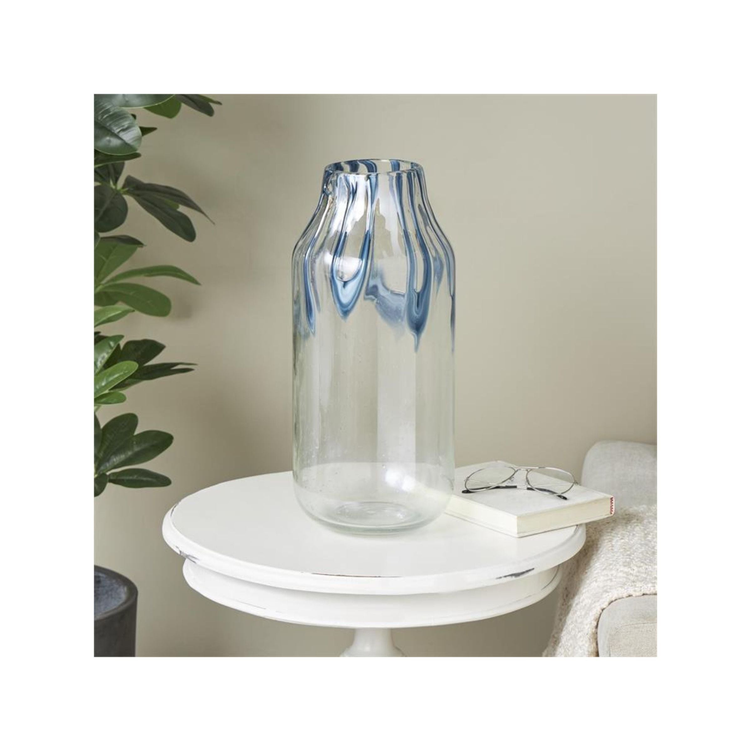 Tall Clear and Blue Glass Vase 7"W x 17"H