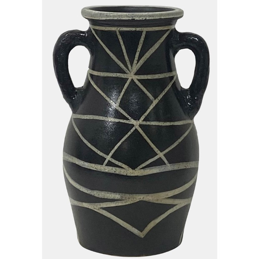 Large Black Terracotta Handled Vase 8"W x 14"H