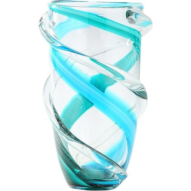 Small Blue and Clear Twist Glass Vase 6"W x 10"H