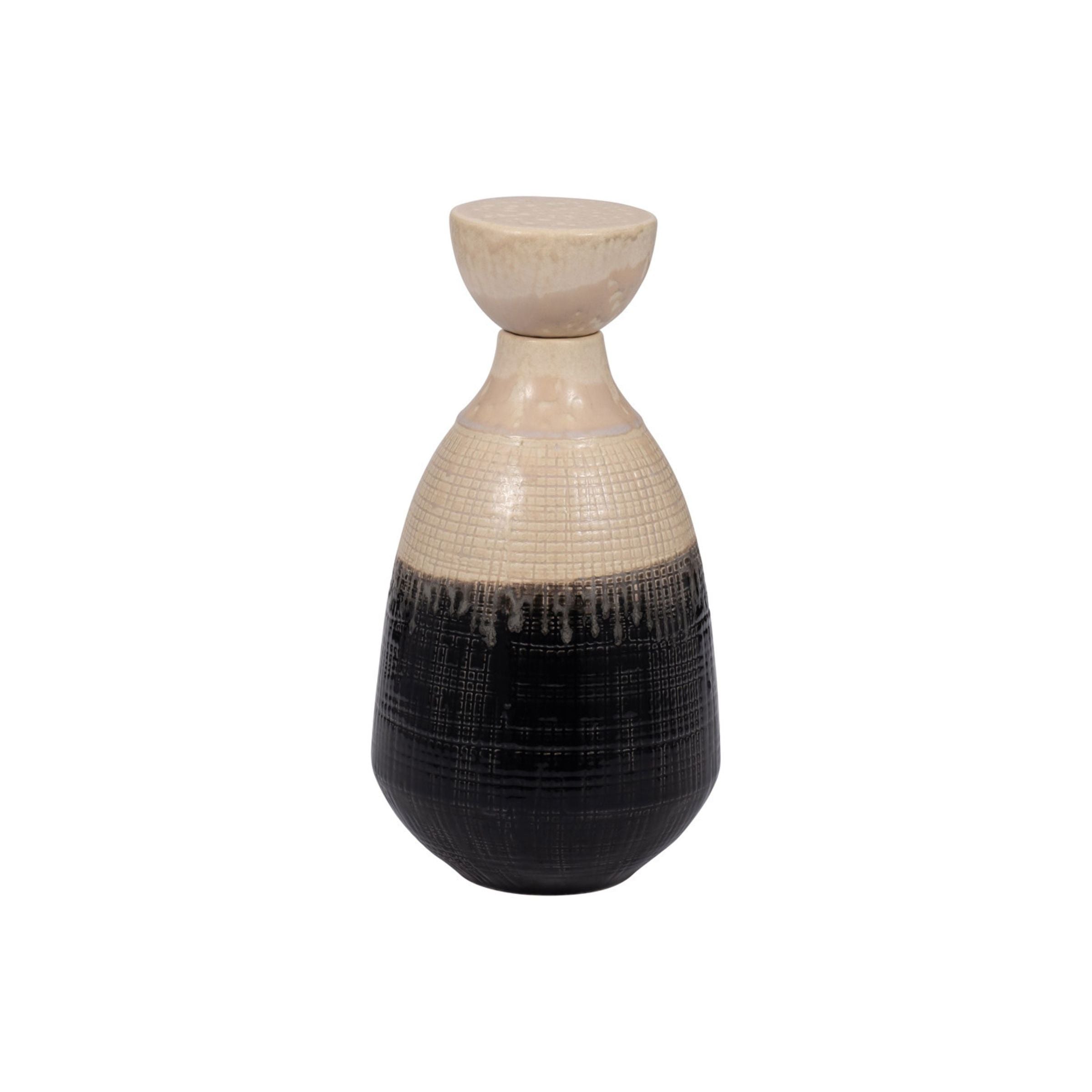 Short Cream and Black Ceramic Jar with Lid 6"W x 12"H