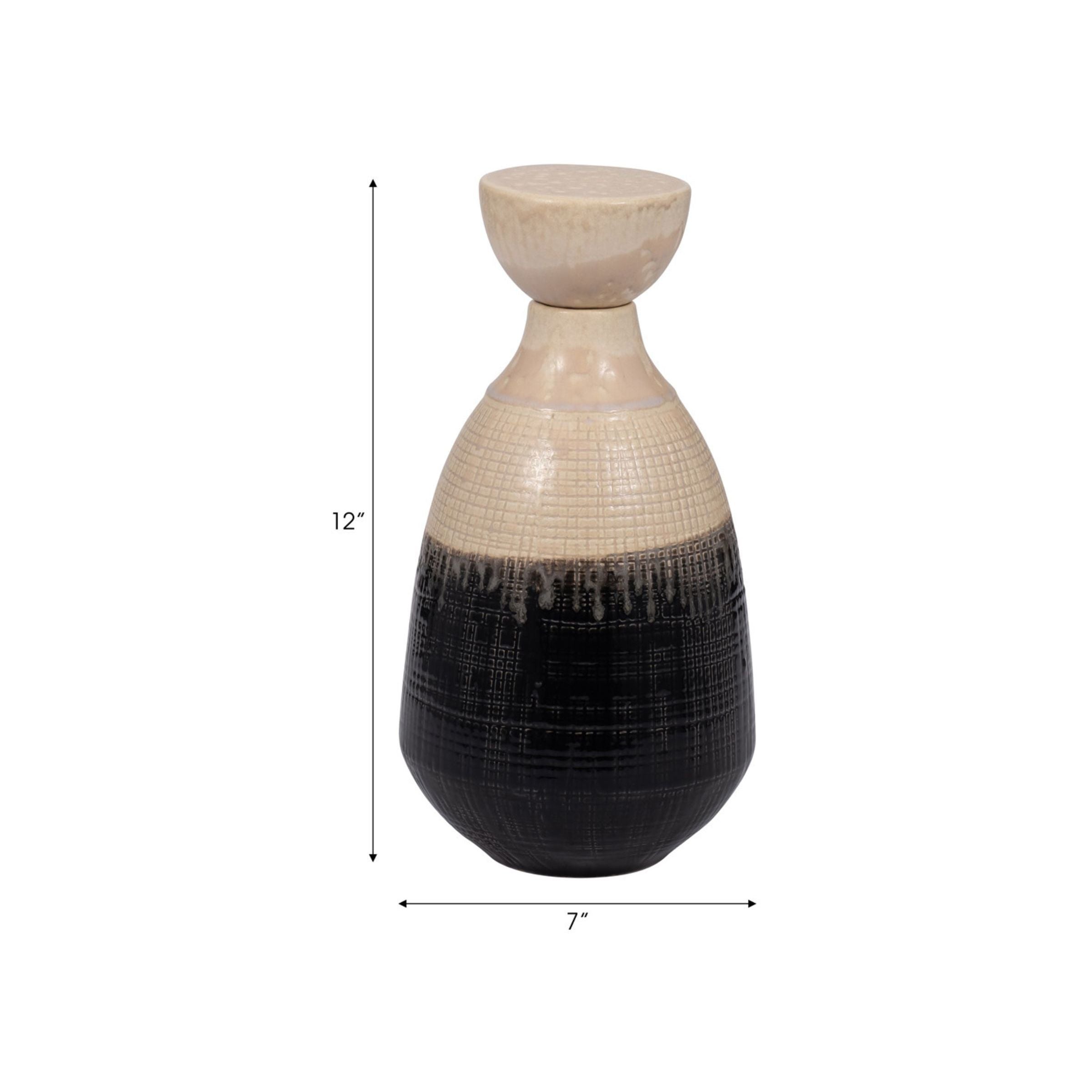 Short Cream and Black Ceramic Jar with Lid 6"W x 12"H