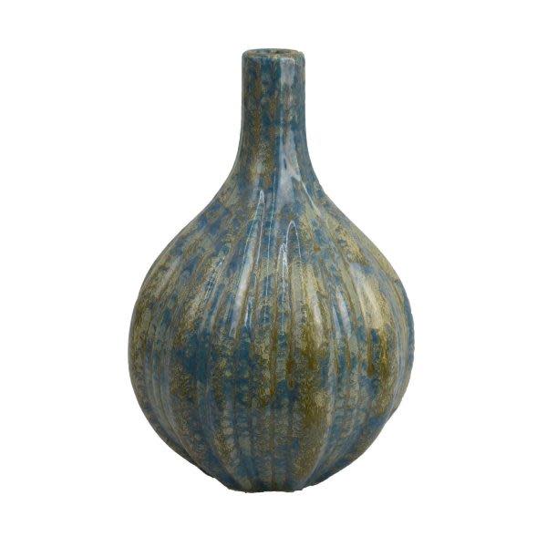 Small Blue and Tan Ribbed Ceramic Vase 7"W x 10"H