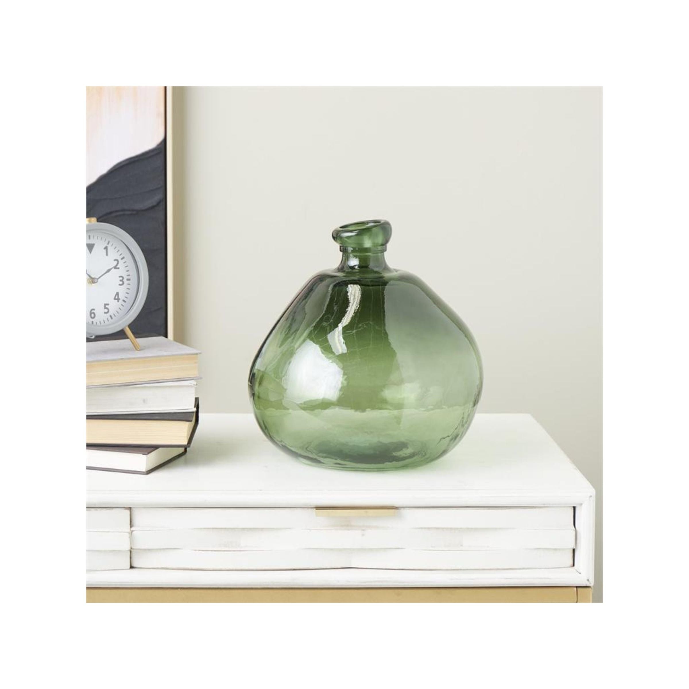 Wide Green Glass Vase 12"W x 12"H