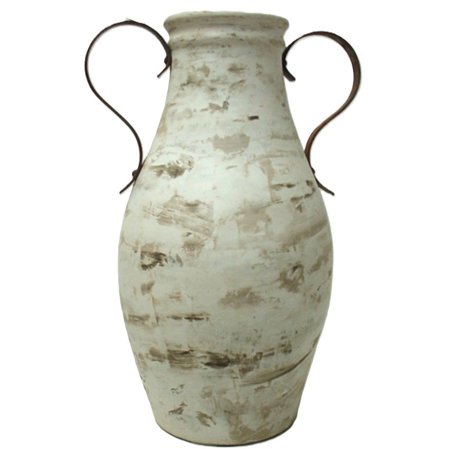 Medium Brown and White Handled Ceramic Floor Vase 13"W x 32"H