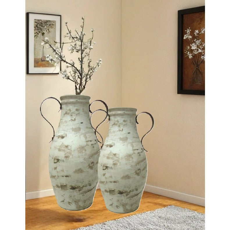 Medium Brown and White Handled Ceramic Floor Vase 13"W x 32"H