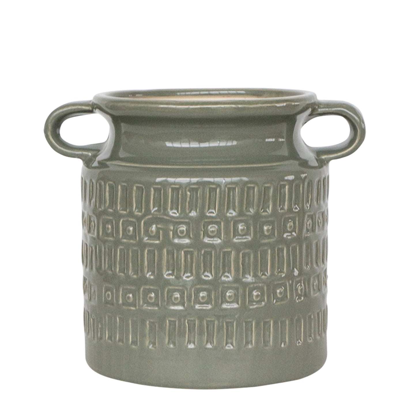 Small Olive Ceramic Jar with Handles 8"W x 7"H
