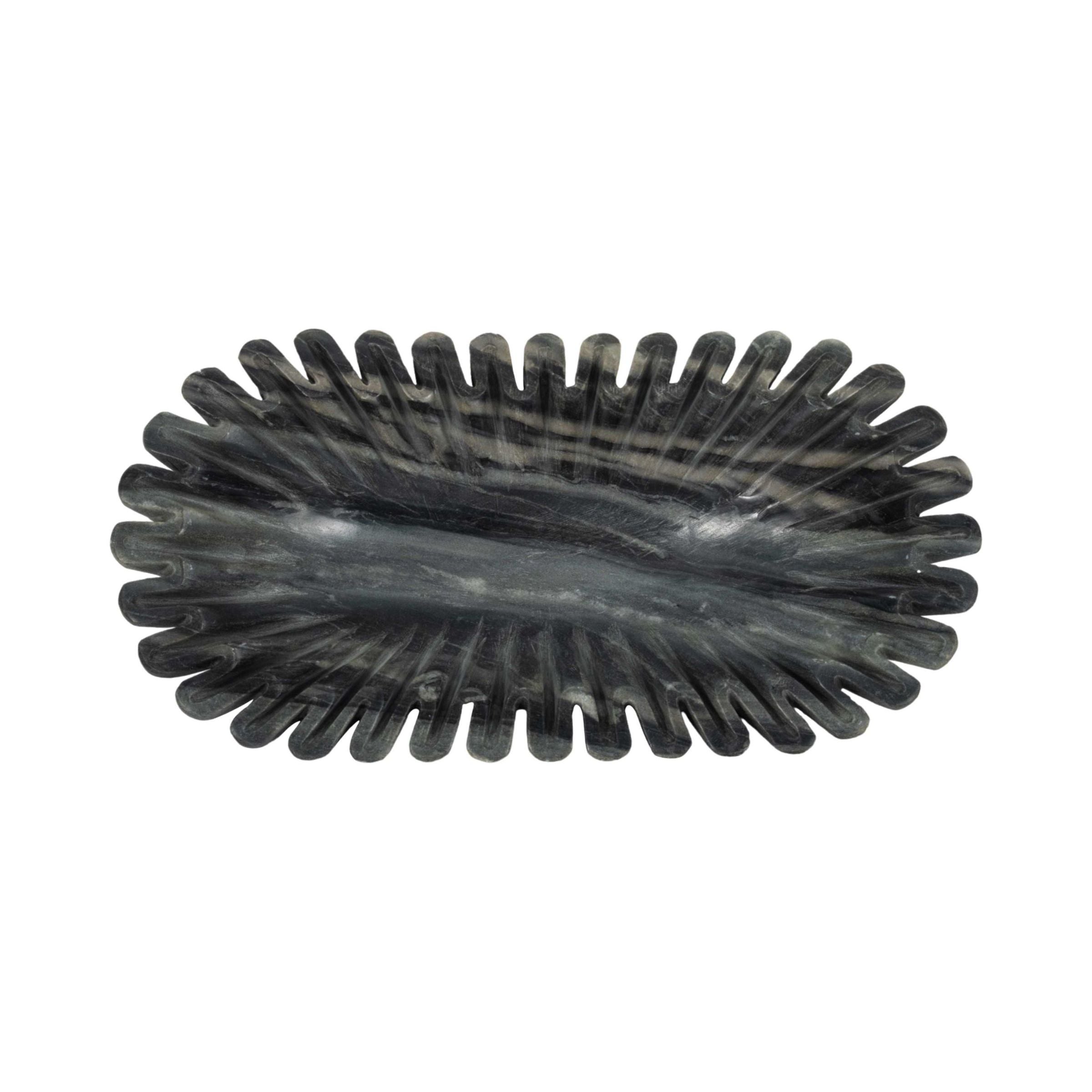 Oval black marble dish with ridged edge, designed for decorative or serving use.
