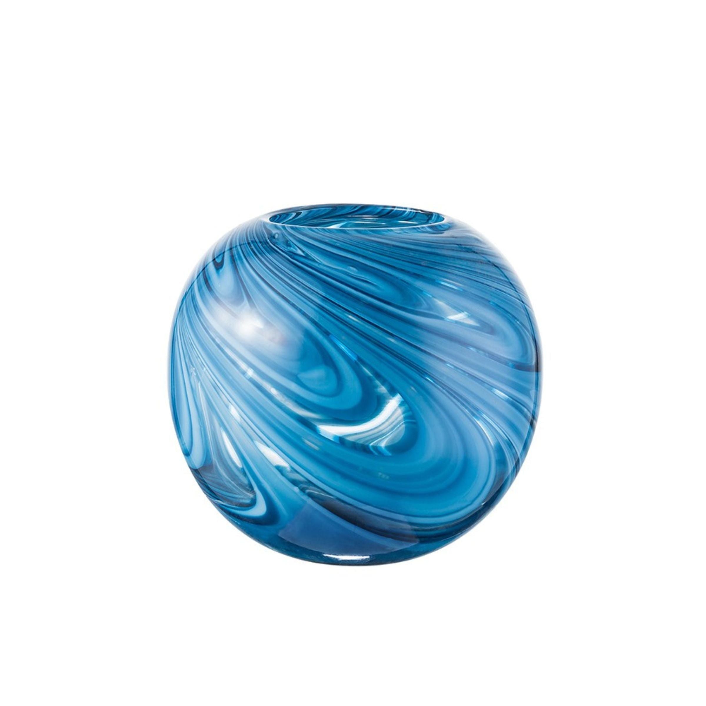Short Blue Swirl Glass Vase 8"W x 7"H