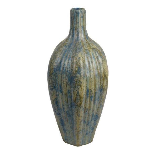 Medium Blue and Tan Ribbed Ceramic Vase 7"W x 14"H