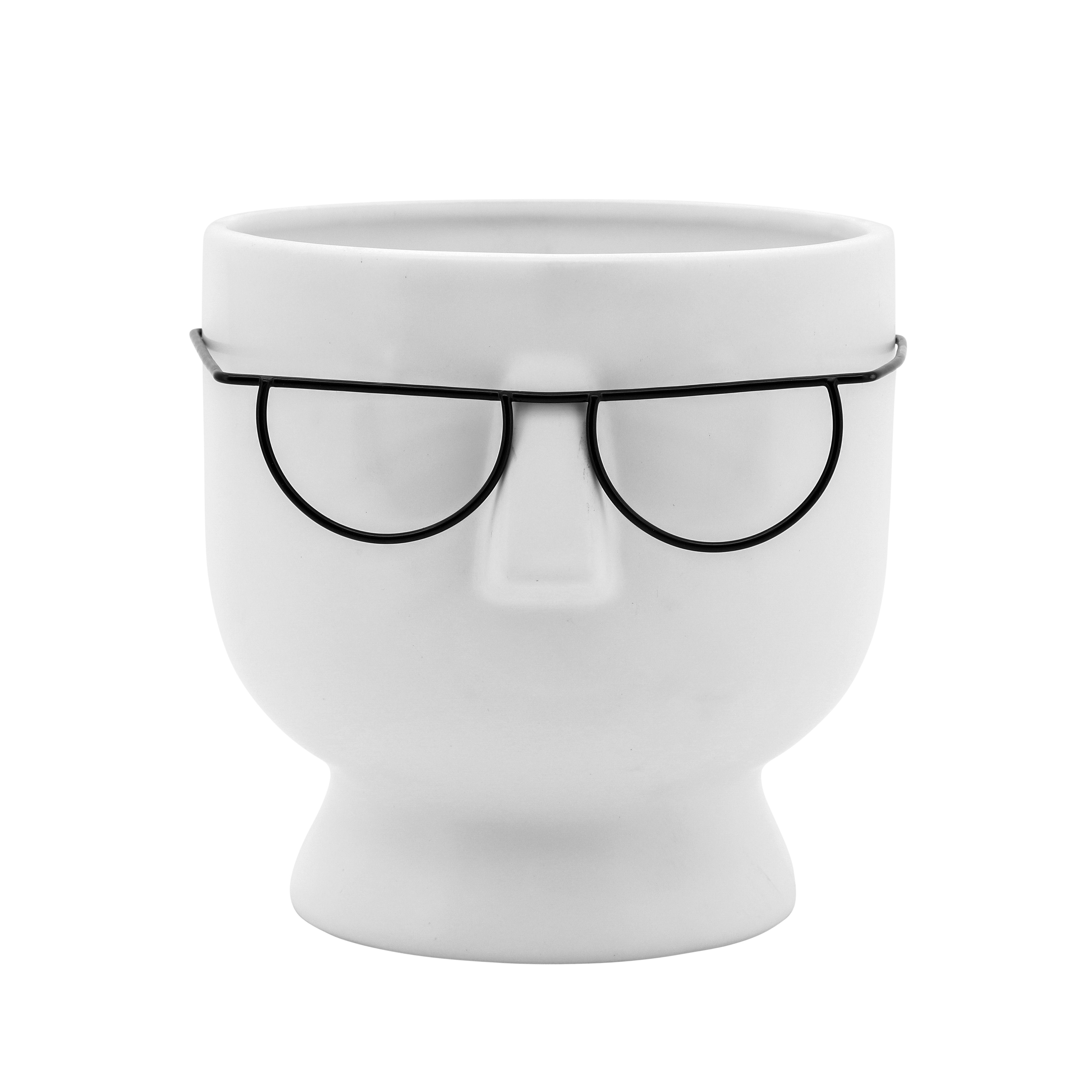 Short White Ceramic Face with Glasses Vase 6"W x 6"H
