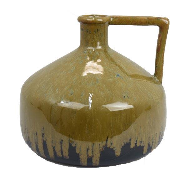 Small Mustard Drip Ceramic Vase With Handle 10"W x 8"H