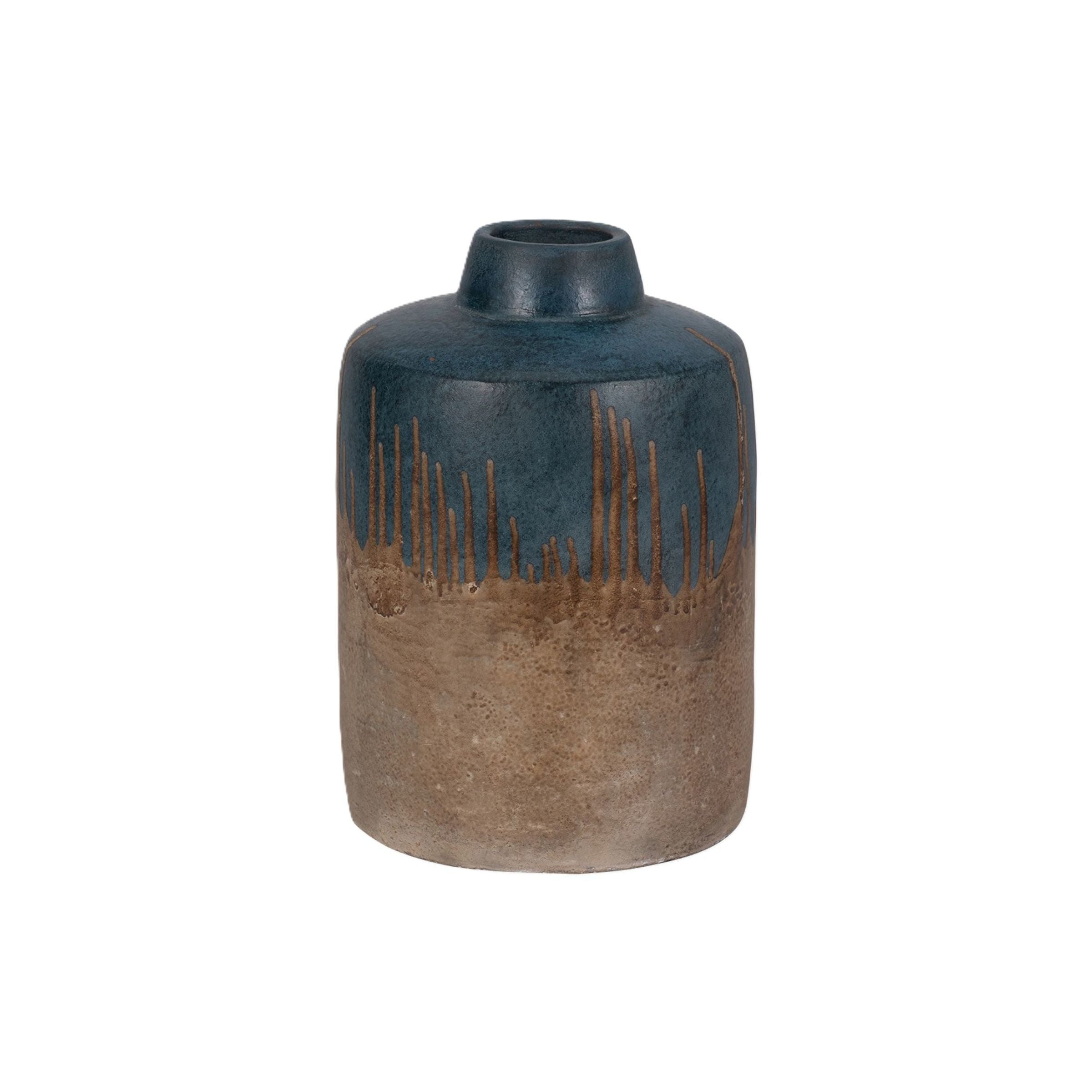 Short Blue and Brown Terracotta Vase 8"W x 11.5"H