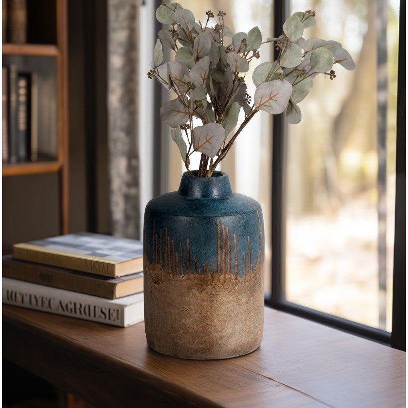 Short Blue and Brown Terracotta Vase 8"W x 11.5"H