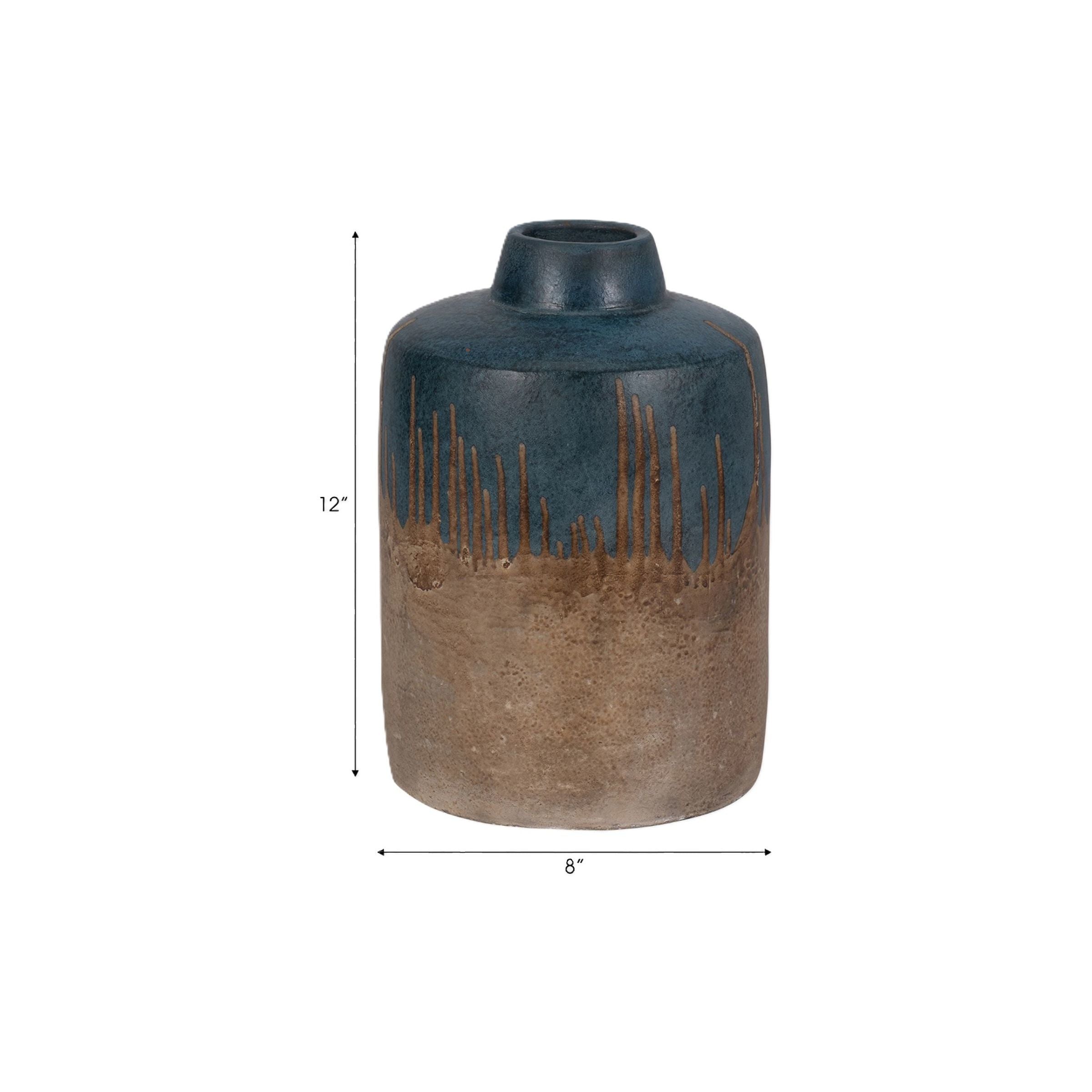 Short Blue and Brown Terracotta Vase 8"W x 11.5"H