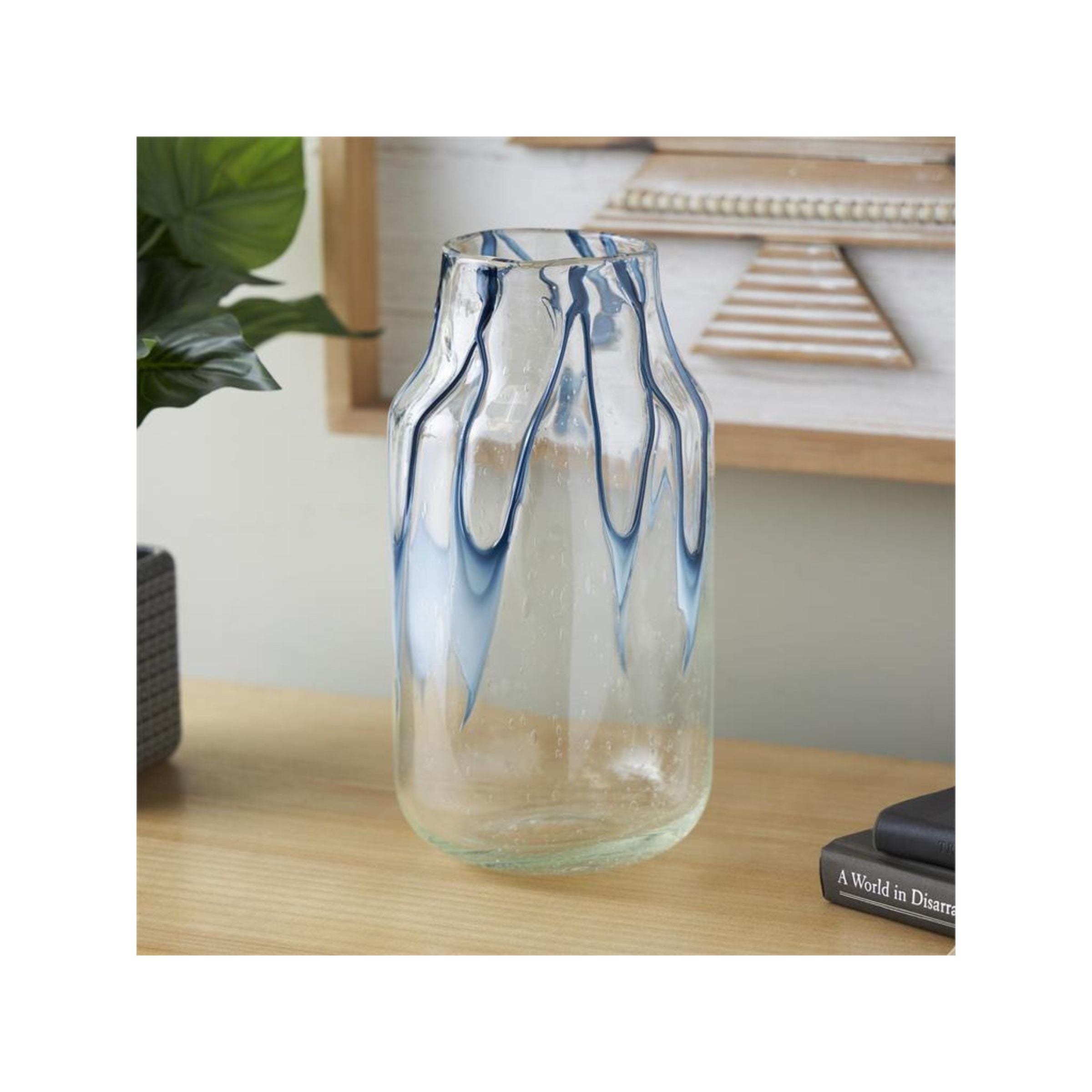 Medium Clear and Blue Glass Vase 6"W x 13"H