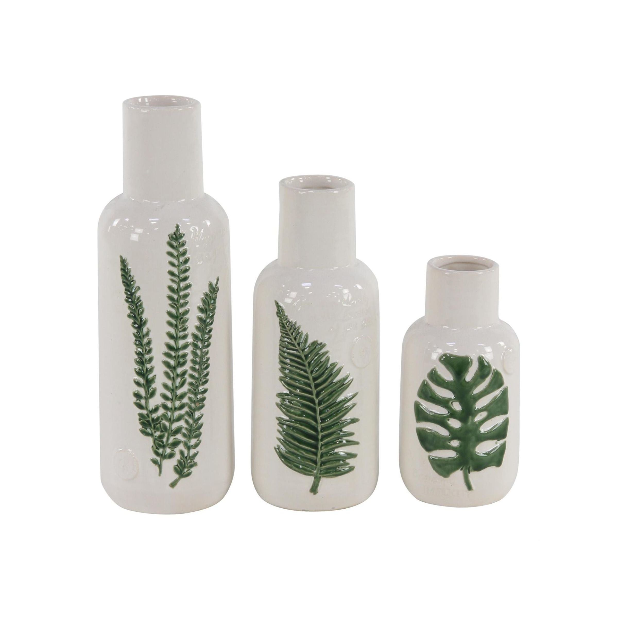 Set of 3 White and Green Ceramic Leaf Vases 10/12/15"H