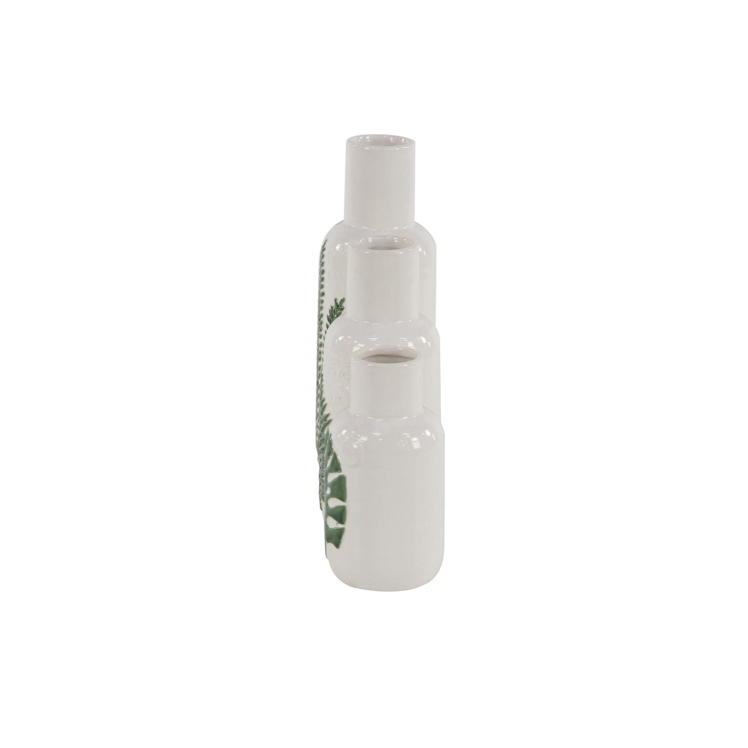 Set of 3 White and Green Ceramic Leaf Vases 10/12/15"H