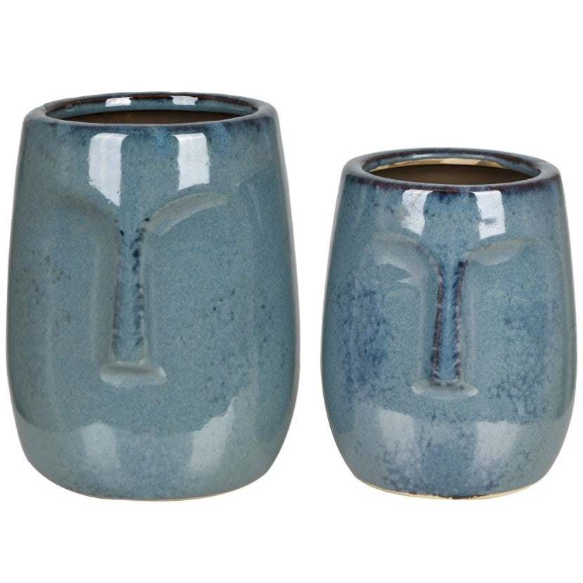 Set of 2 Blue Ceramic Face Vases 5/7"H