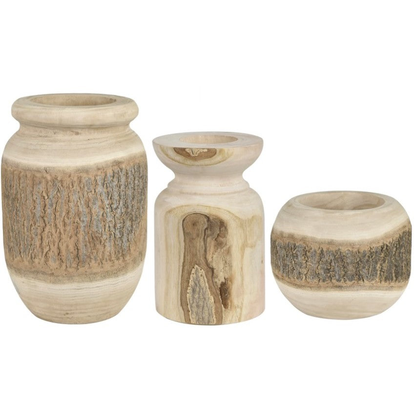 Set of 3 Natural Wood Vases 6.5/9/14.5"H