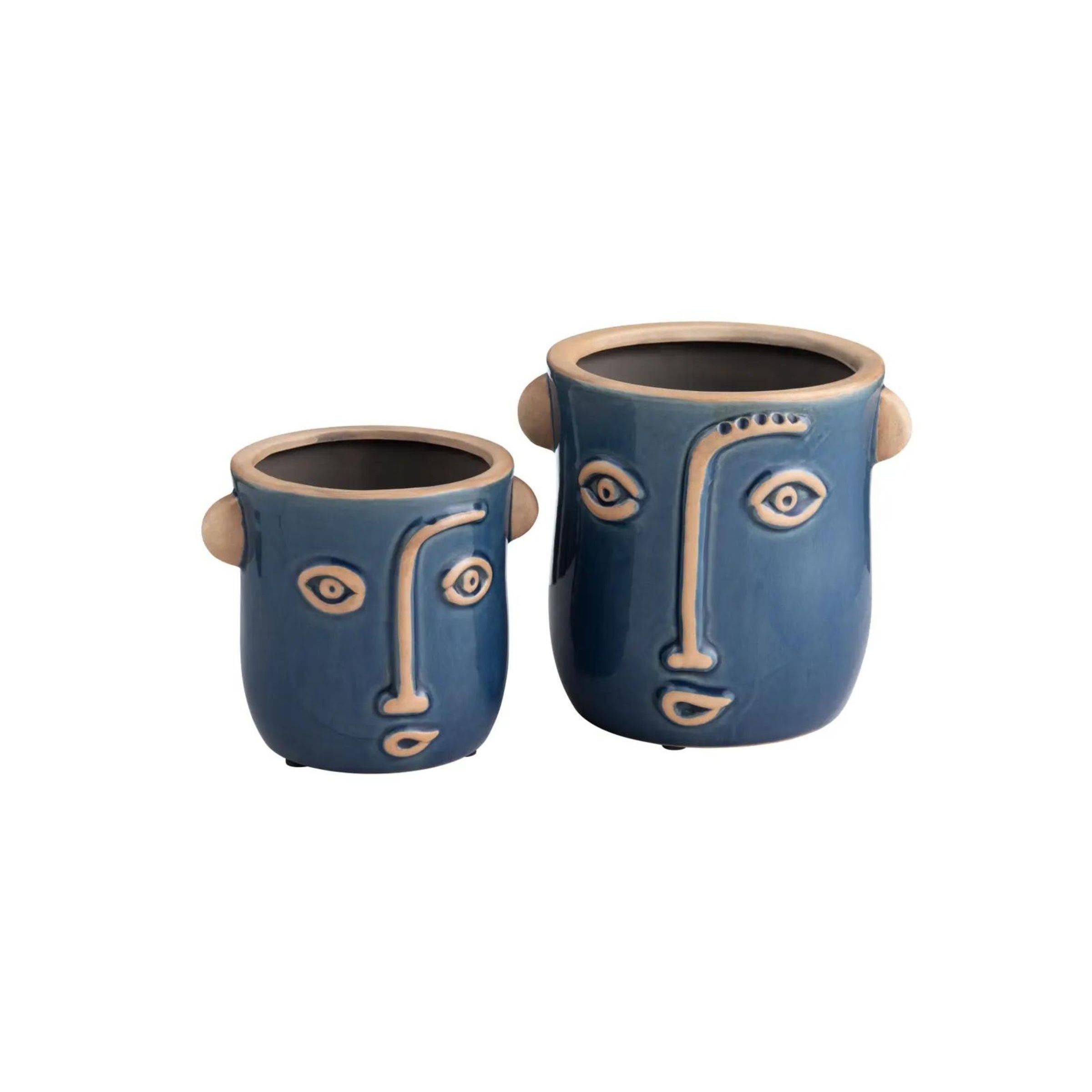 Set of 2 Blue Ceramic Emotion Face Vases 5.5/7"H