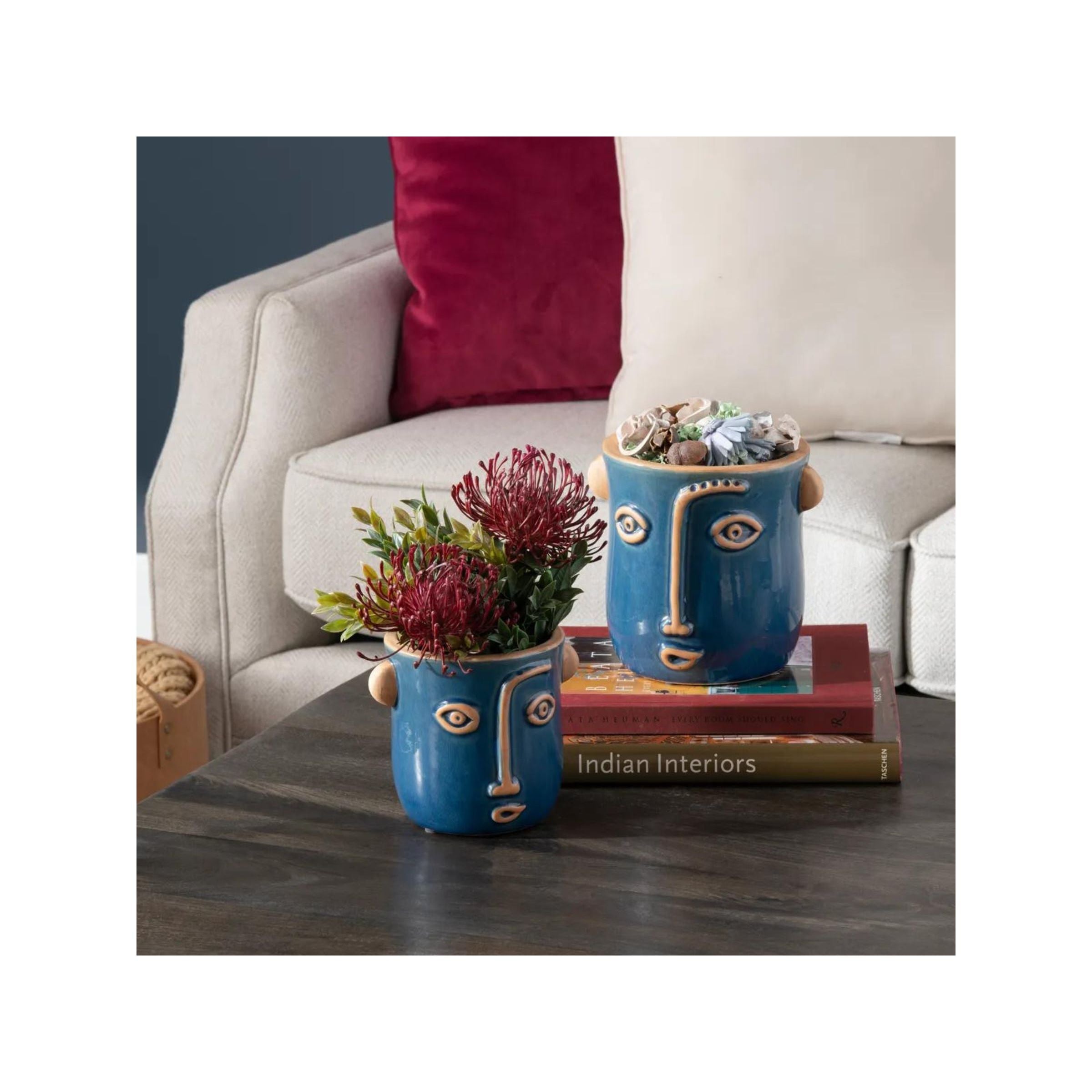 Set of 2 Blue Ceramic Emotion Face Vases 5.5/7"H