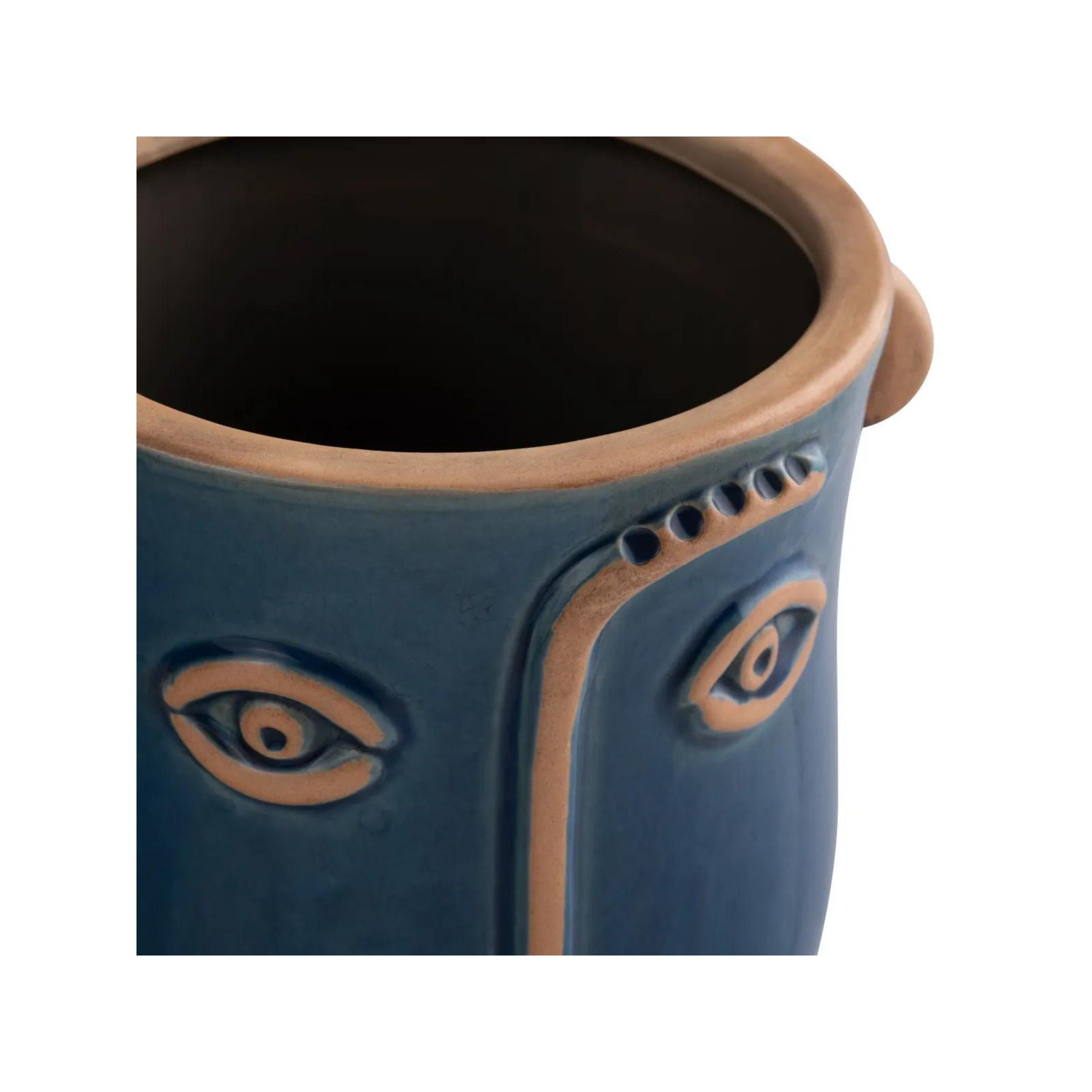 Set of 2 Blue Ceramic Emotion Face Vases 5.5/7"H