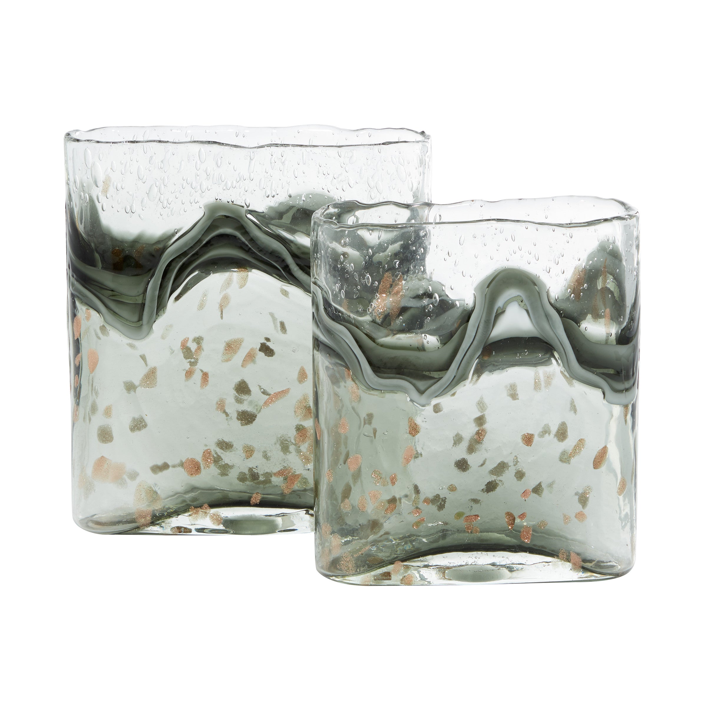 Set of 2 Grey and White Glass Vases 8"W x 8/9"H